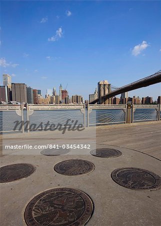 Brooklyn Bridge spanning the East River from Fulton Ferry Landing, Brooklyn, New York City, New York, United States of America, North America