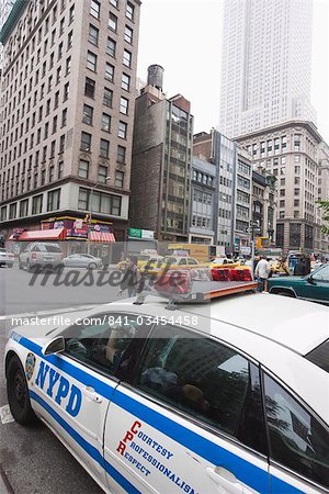 Police car on Broadway, Manhattan, New York City, New York, United States of America, North America