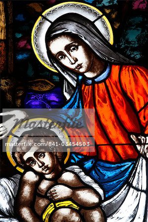 Stained glass window of Virgin and Child, St. Mary's church, New York, United States of America, North America