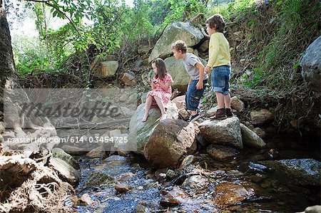 Kinder auf den Felsen am Fluss