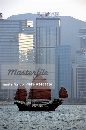 Hong Kong, View of city from water at dawn.