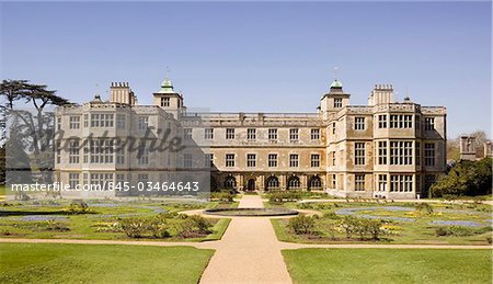 Audley End. View of the East Front of the house with the parterre gardens.