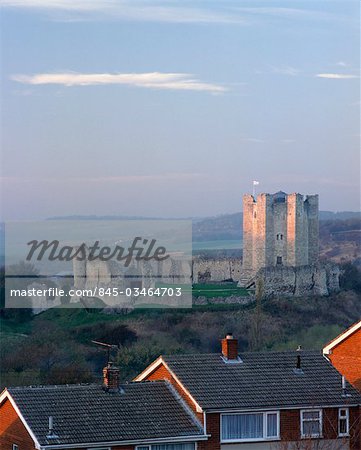 Conisbrough Castle. General view from south east with modern houses in the foreground.