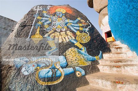 Paintings of Lord Shiva and Goddess Kali on a rock, Golkonda Fort, Hyderabad, Andhra Pradesh, India