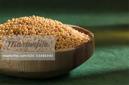 Yellow mustard seeds in a ladle