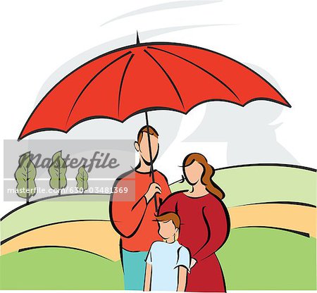 Illustration of Family Standing Under Umbrella