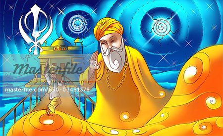 Guru Nanak Dev der erste Guru der Sikhs mit Goldenen Tempel im Hintergrund