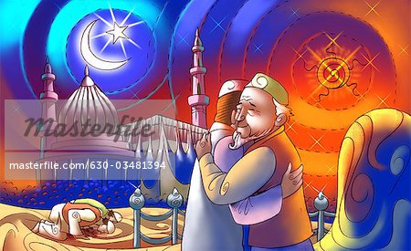 Zwei Moslems Männer umarmen einander anlässlich des Eid Ul-Fitr