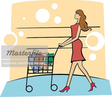 Woman pushing shopping cart in a supermarket