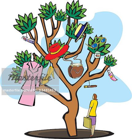 Woman carrying shopping bags under a tree