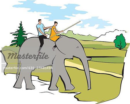 Tourist riding an elephant in the forest