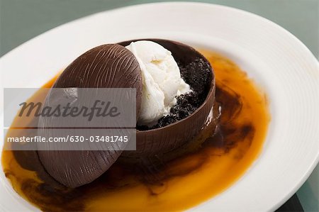 Chocolate dessert served with ice cream