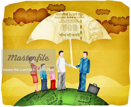 Illustration of Family with Sales Representative Standing Under Umbrella