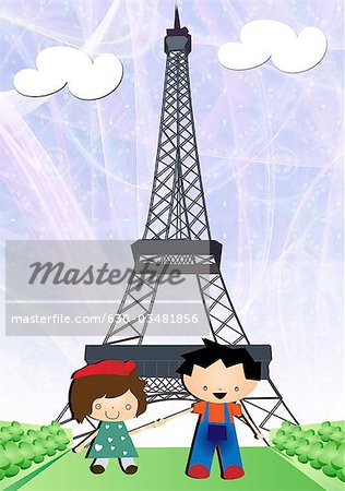 Boy and a girl in a park in front of a tower, Eiffel Tower, Paris, France