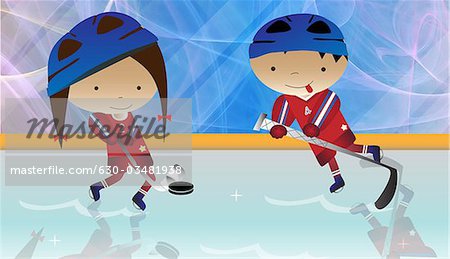 Garçon et une fille jouer au hockey sur glace