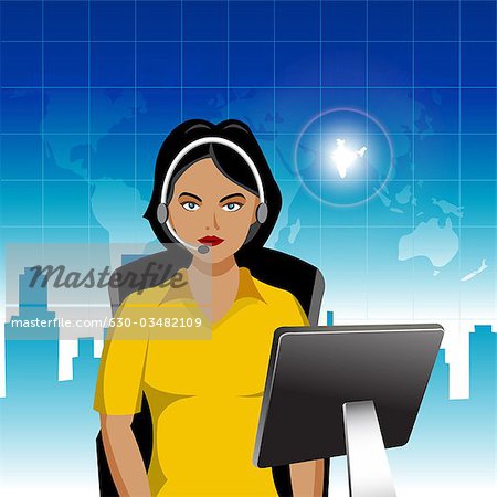 Female customer service representative with India highlighted in the map