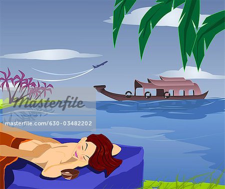 Femme recevant un massage du dos d'un massothérapeute, Backwaters du Kerala, Kerala, Inde