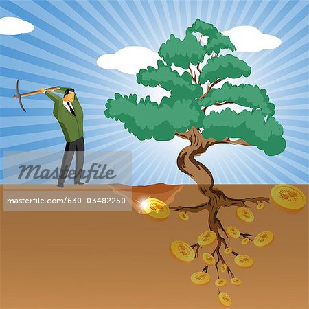 Homme d'affaires à creuser pour l'argent près d'un arbre d'argent