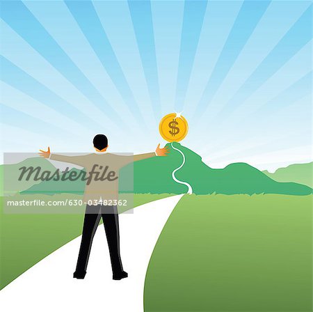 Businessman with his arm outstretched looking towards a coin on a mountain