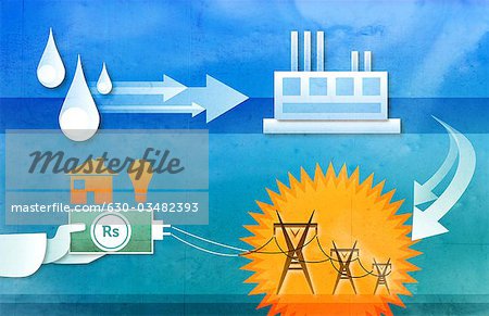 Représentation illustration montrant la production et la distribution de l'énergie hydroélectrique