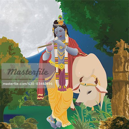 Lord Krishna playing flute with holy cow in a forest