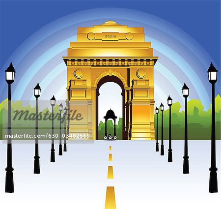 Laternen vor einem Krieg-Denkmal, India Gate, Neu Delhi, Indien
