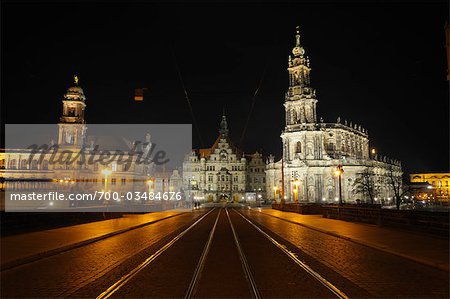 Hofkirche at Night from Augustus Bridge, Dresden, Saxony, Germany