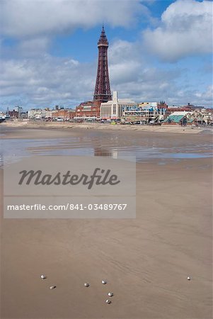 Overlooking the beach and Blackpool Tower from the Central Pier, Blackpool, Lancashire, England, United Kingdom, Europe