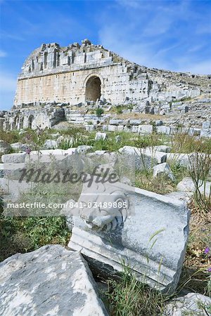 Informationen über Schnitzereien und Römisches Theater, Milet, Anatolien, Türkei, Kleinasien, Eurasien