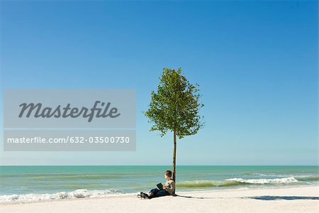 Boy sitting under tree on beach with book in hands, looking at sea