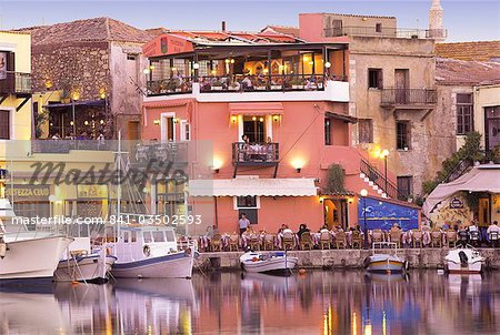 Rethymnon old port and restaurants, Crete island, Greek Islands, Greece, Europe