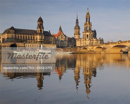 Dresden Skyline and River Elbe at Dawn, Dresden, Saxony, Germany