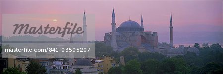 Panoramic view of Aya Sophia Mosque (Haghia Sofia) (St. Sophia) at dawn, UNESCO World Heritage Site, Istanbul, Turkey, Europe Panoramic view of Aya Sophia Mosque (Haghia Sofia) (St. Sophia) at dawn, UNESCO World Heritage Site, Istanbul, Turkey, Europe