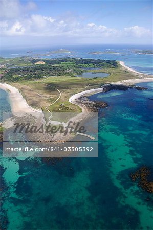 Aerial shot of Tresco, Isles of Scilly, Cornwall, United Kingdom, Europe