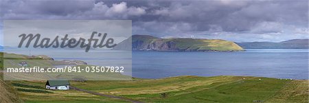 Panoramic view of Sandoy north coast and Hestur island, from near Skopun, Sandoy, Faroe Islands (Faroes), Denmark, Europe