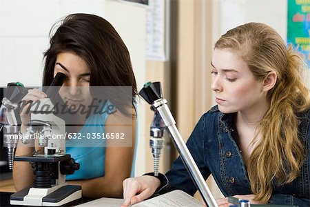 Classmates completing science class assignment together using microscope