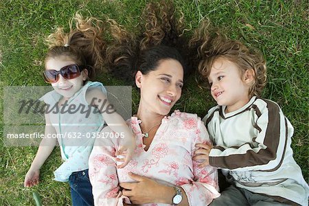 Mother lying on grass with young children