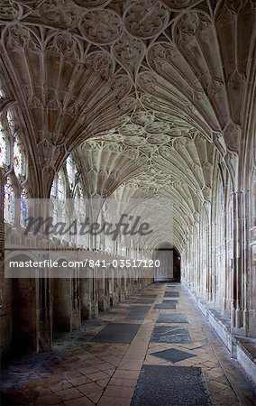 Interior of cloisters with fan vaulting, Gloucester Cathedral, Gloucester, Gloucestershire, England, United Kingdom, Europe