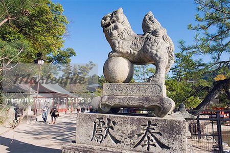 Lion statue at Itsukushima Shrine, UNESCO World Heritage Site, Miyajima Island, Hiroshima prefecture, Japan, Asia