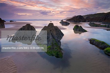 Rockpools exposed at low tide, Combesgate Beach, Devon, England, United Kingdom, Europe