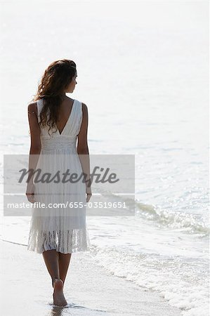 back view of woman wearing a white dress and walking a long the beach