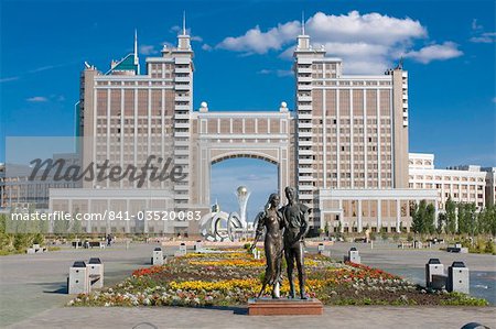 The Kay Munay Gaz building and the Bayterek monument, Astana, Kazakhstan, Central Asia