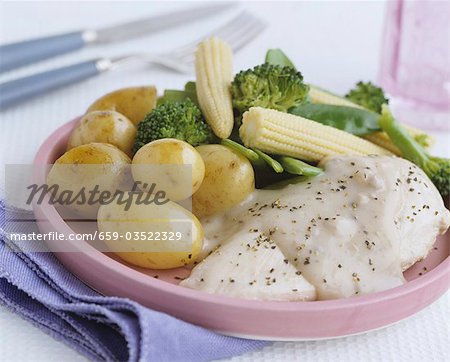 Chicken breast in white wine sauce with vegetables