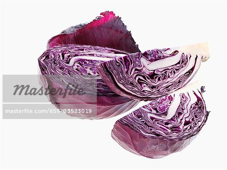 Red cabbage, cut in half and quarters
