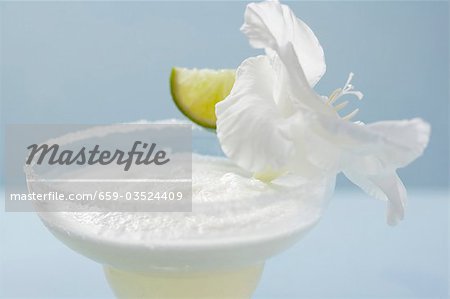 Margarita in a glass with a salted rim, lime & white orchid