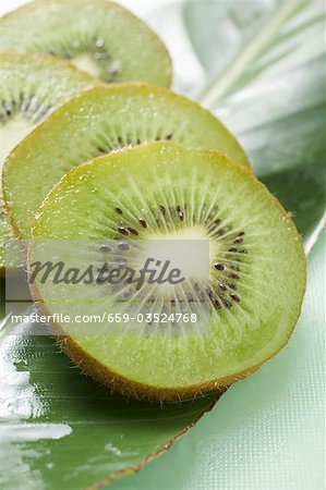 Several slices of kiwi fruit on leaf