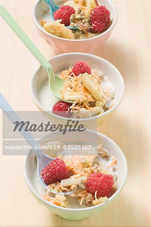 Fruit muesli in three bowls
