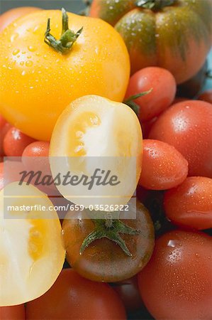 Différents types de tomates avec des gouttes d'eau