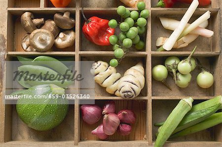 Various types of vegetables, spices & mushrooms in type case