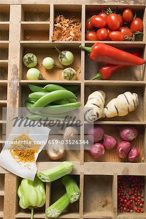 Various types of vegetables, spices & mushrooms in type case